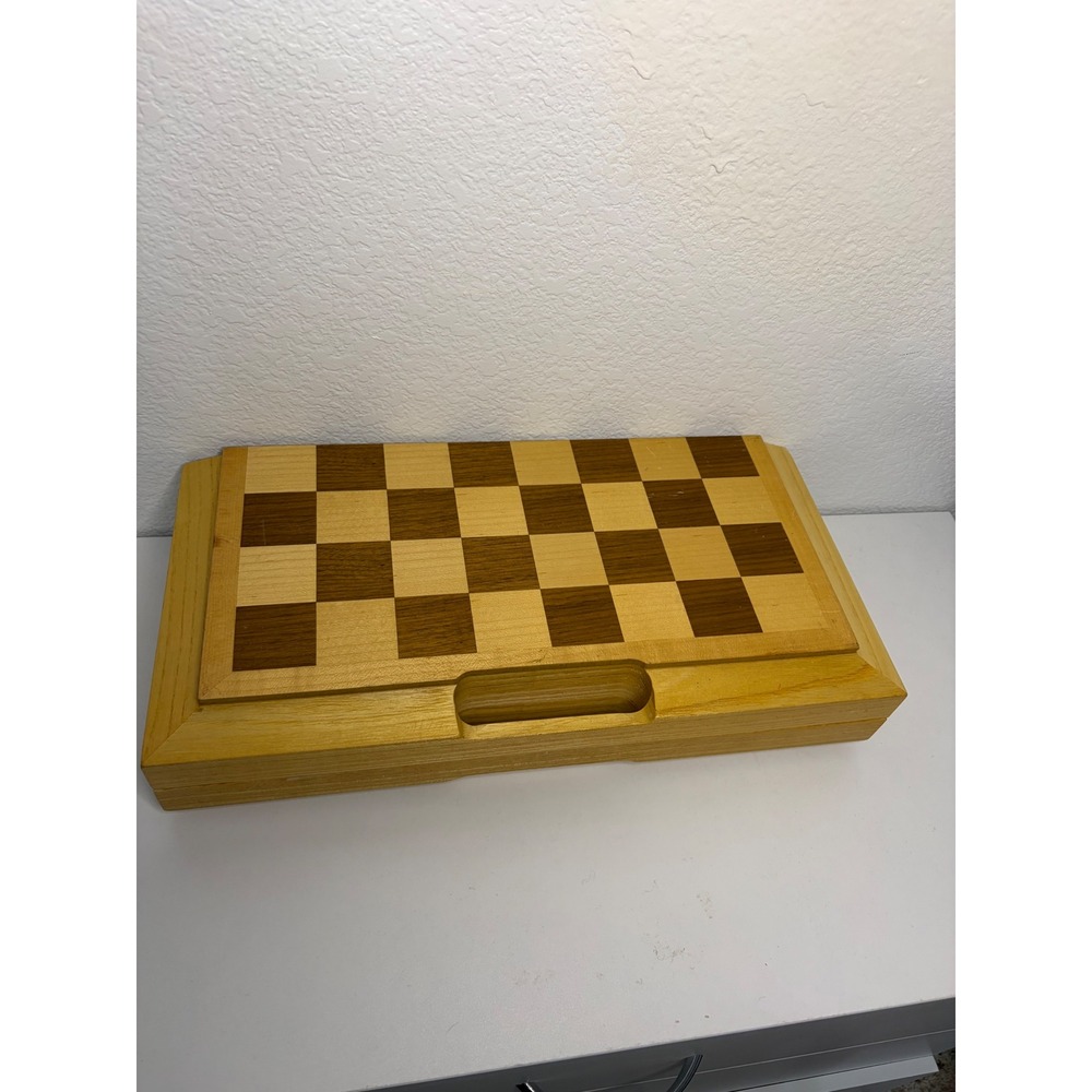 Vintage Wooden 3-in-1 Chess‎ Checkers Backgammon Set Folding Travel Game Box